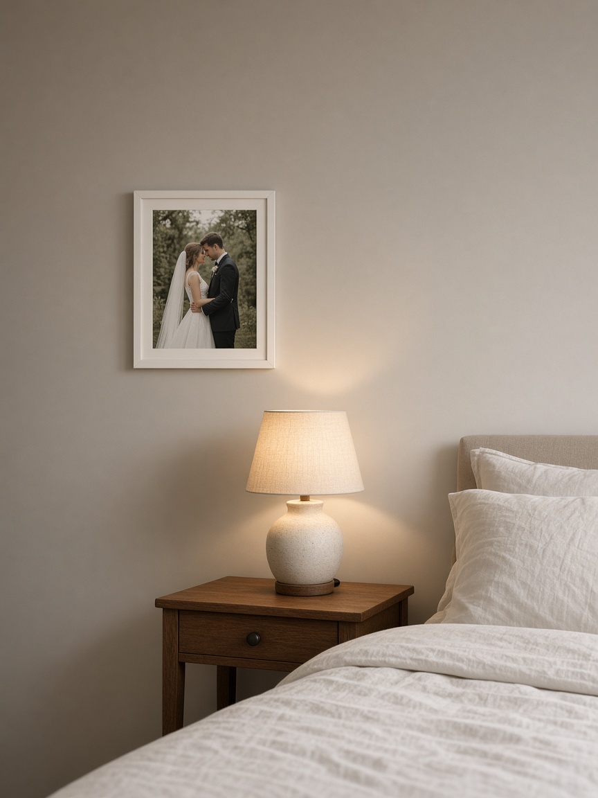 Vit ram 28×36 över sängbord, lampan är högre